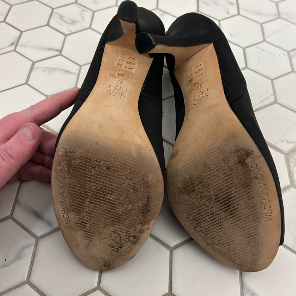 BCBG Black Satin Peep-Toe Pumps, Sz 7.5 - Picture 9 of 9
